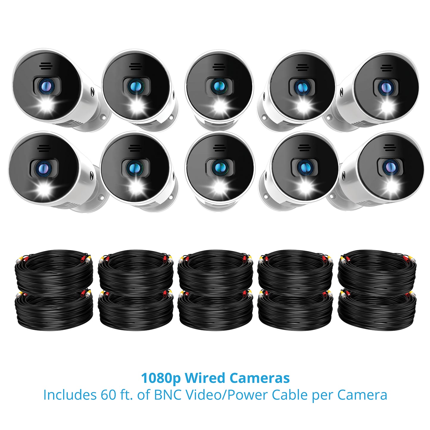10 security cameras and 10 cables shown included with system