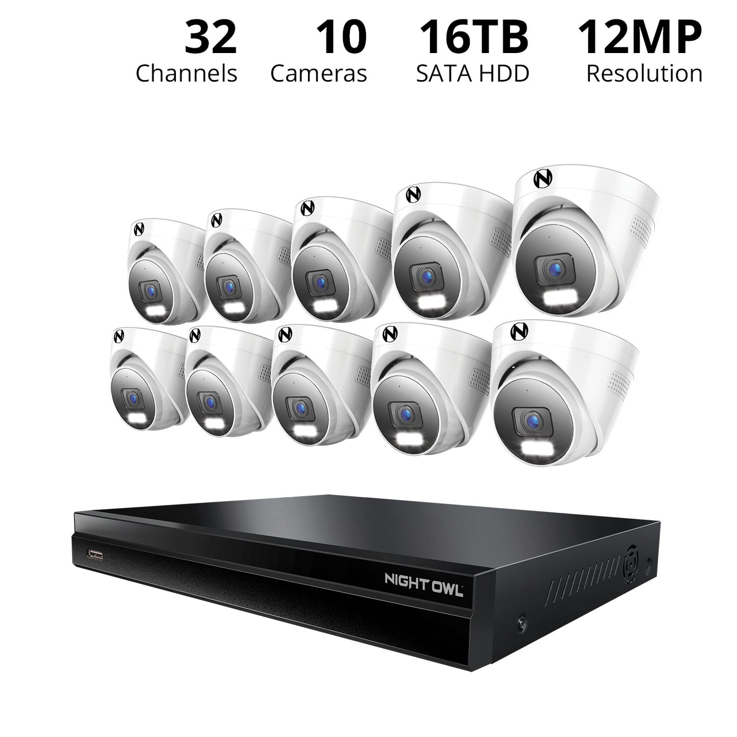 2-Way Audio 32 Channel 12MP NVR with 16TB HDD and 10 Wired IP 12MP Deterrence Dome Cameras