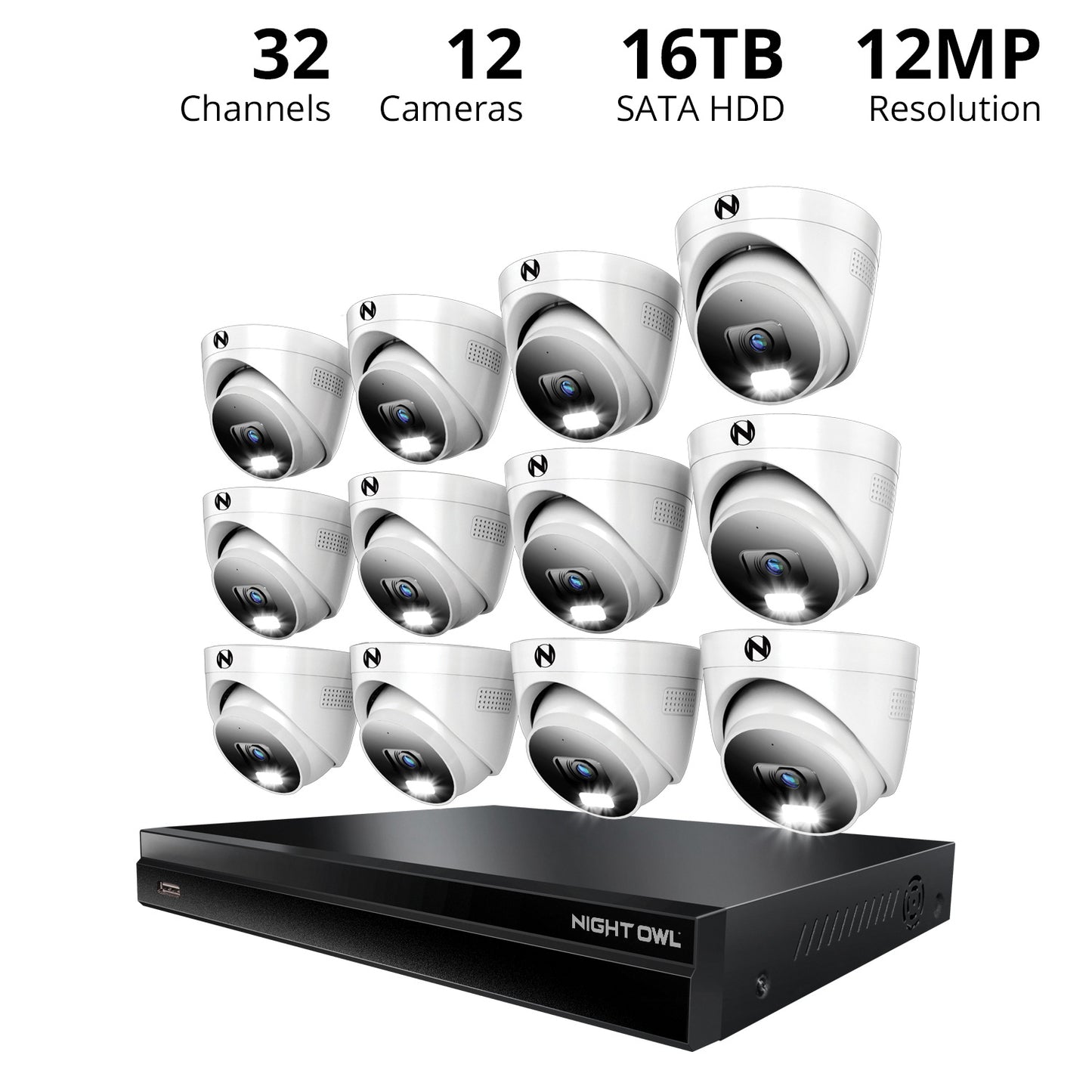 2-Way Audio 32 Channel 12MP NVR with 16TB HDD and 12 Wired IP 4K Deterrence Dome Cameras