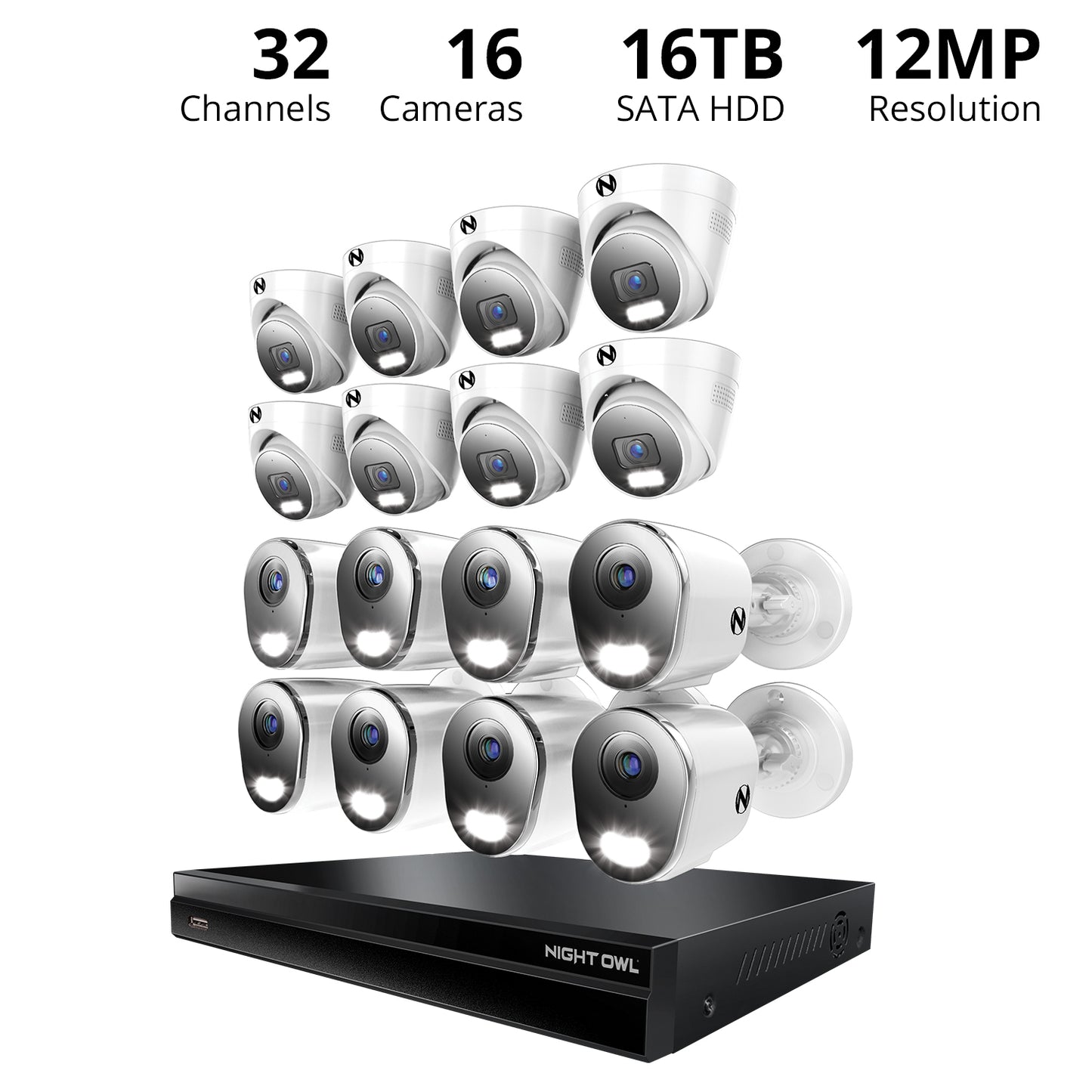 2-Way Audio 32 Channel 12MP NVR with 16TB HDD and 16 Wired IP 4K Deterrence Cameras - 8 Bullet 8 Dome