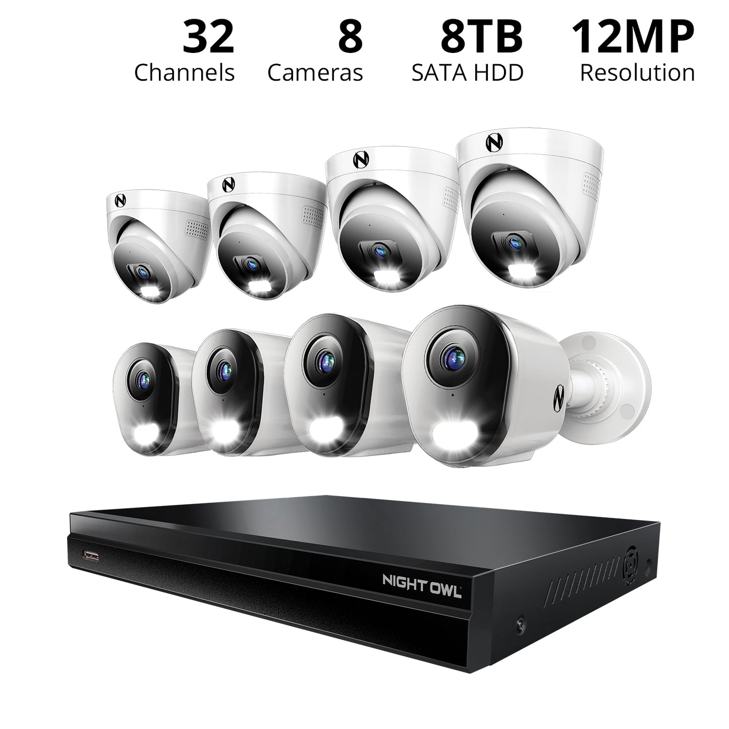 2-Way Audio 32 Channel 12MP NVR with 8TB HDD and 8 Wired IP 4K Deterrence Cameras - 4 Bullet 4 Dome