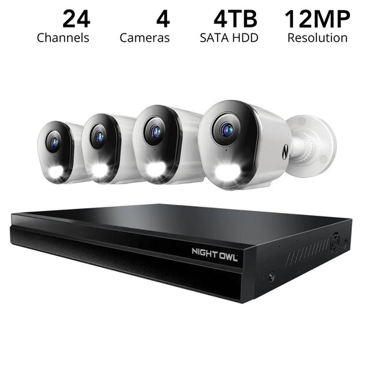 24 Channel 12MP eNVR with 4TB HDD and 4 Wired IP 12MP Bullet Cameras w 2-Way Audio - 16 POE Ports