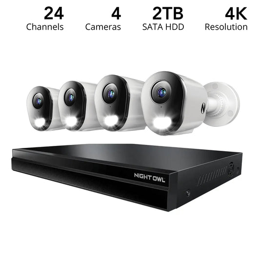 24 Channel 12MP eNVR with 2TB HDD and 4 Wired IP 4K Bullet Cameras w 2-Way Audio - 8 POE Ports