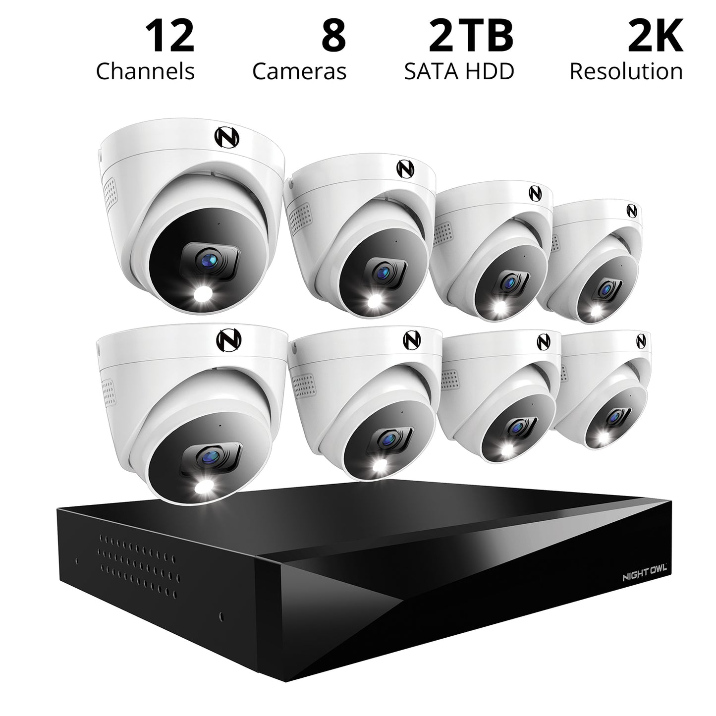 2-Way Audio 12 Channel DVR Security System with 2TB Hard Drive and 8 Wired 2K Deterrence Dome Cameras