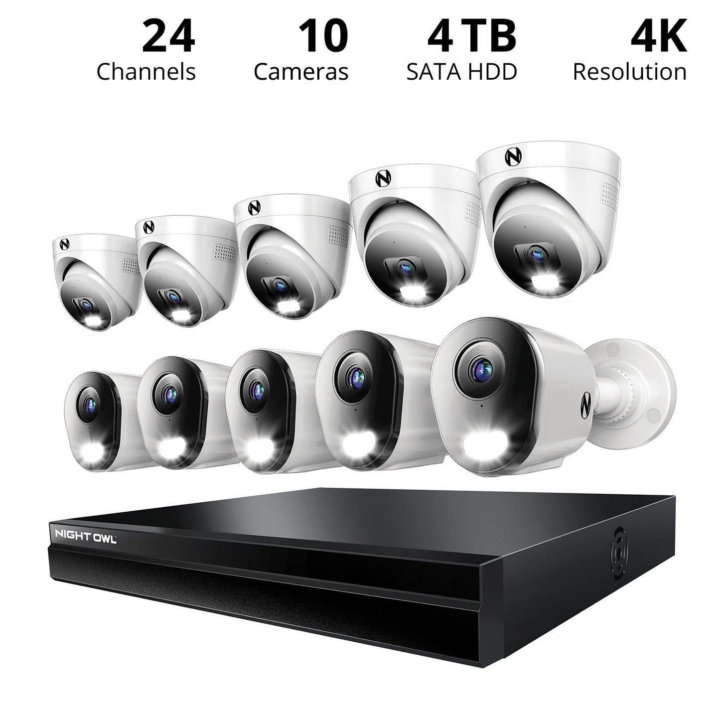 Power over Ethernet 24 Channel NVR Security System with 4TB Hard Drive and 10 Wired IP 4K Deterrence Cameras - 5 Bullet 5 Dome