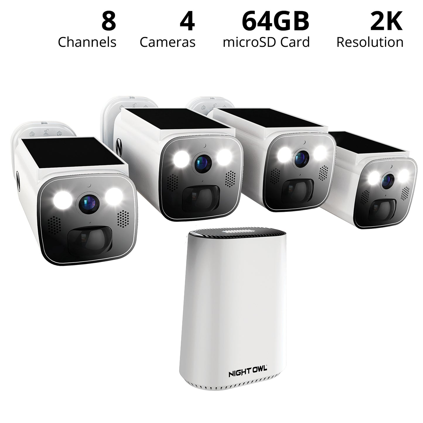 Expandable Wi-Fi Security Hub with 64GB microSD Card and 4 Wire Free Solar 2K Deterrence Cameras
