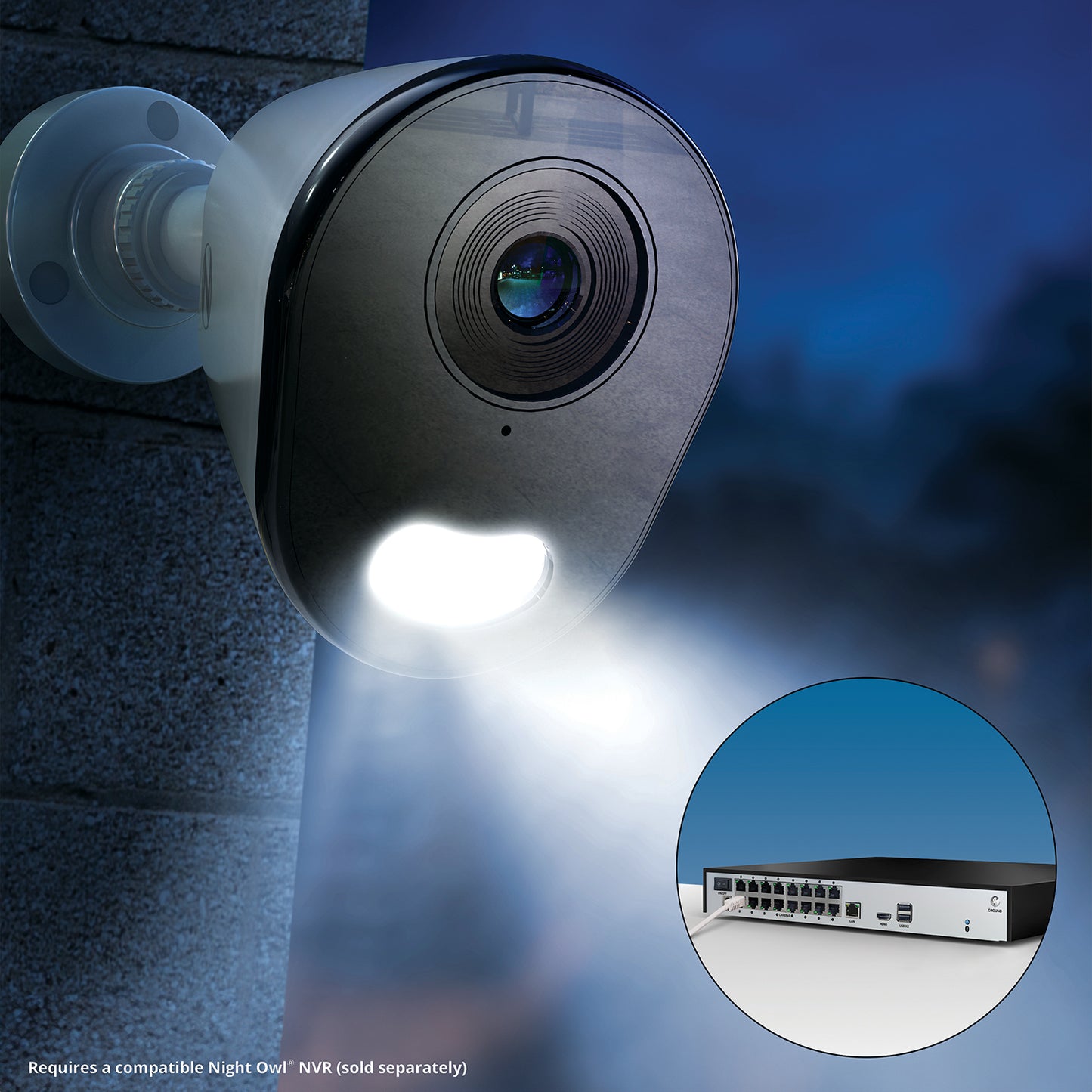 security camera with spotlight shining