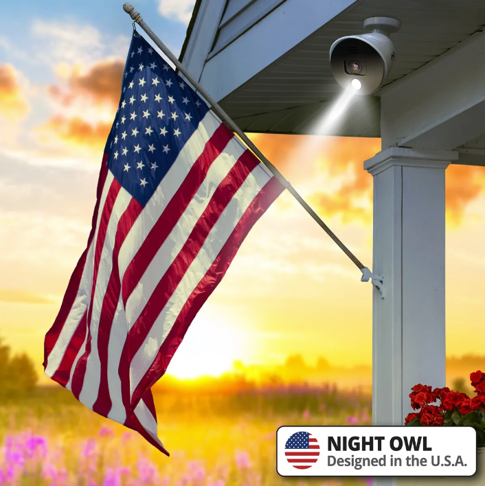 American Flag and night owl security camera