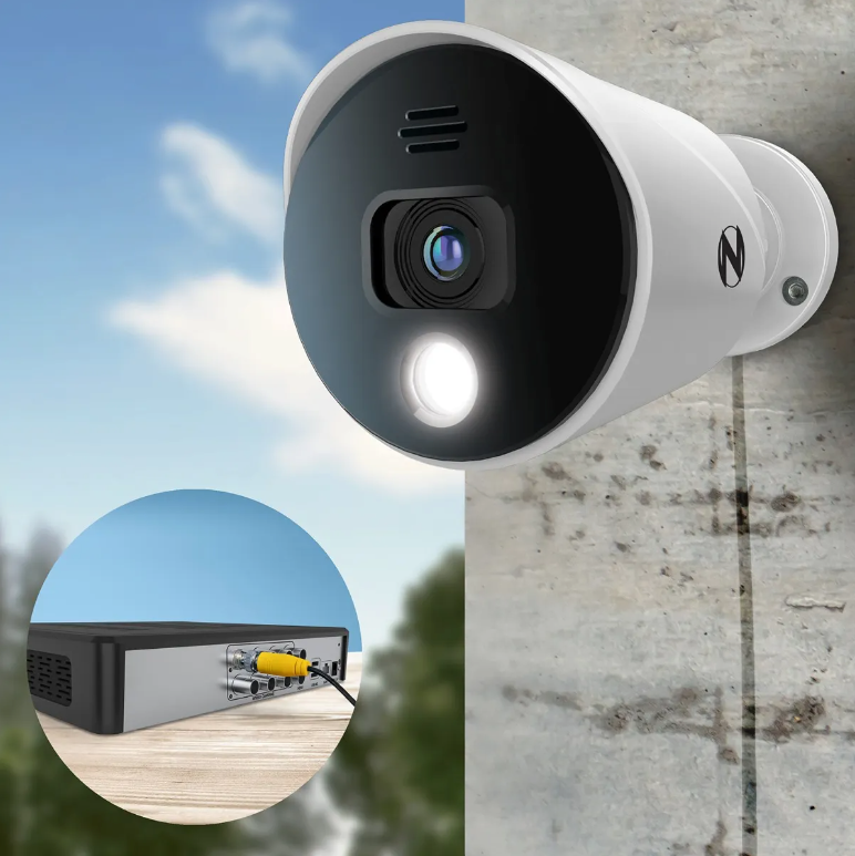 Security camera on wall with system displayed on the side