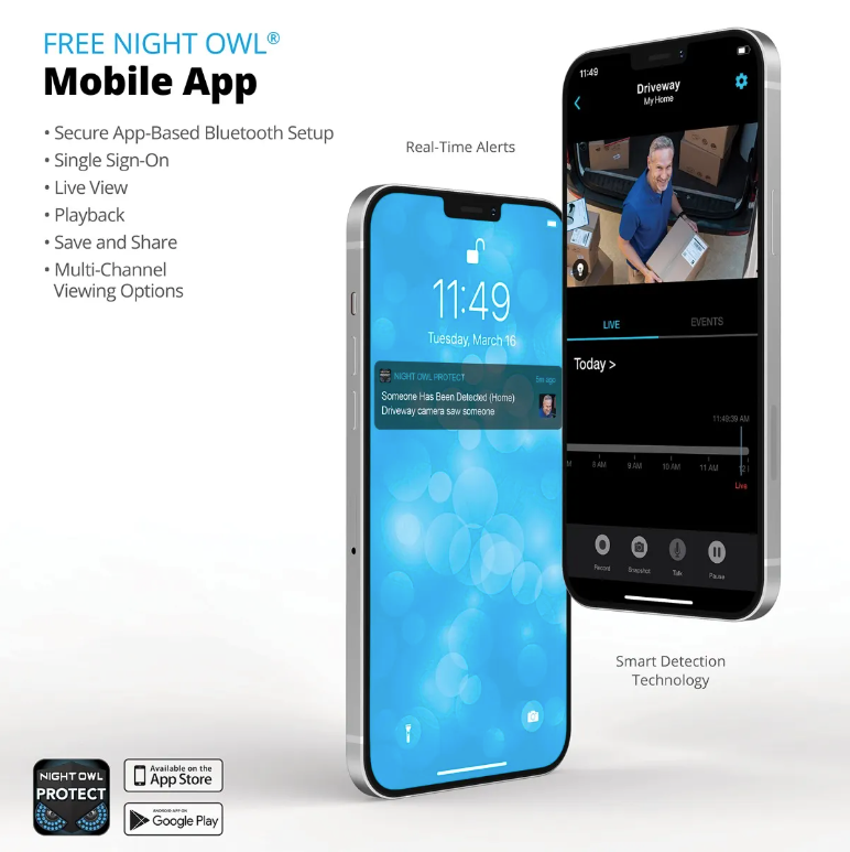 Night Owl mobile app displayed on iphones