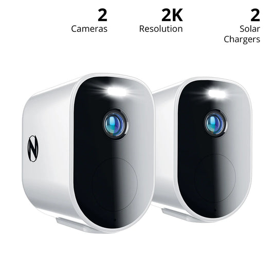Wire Free (Battery) 2K Spotlight Mountable Cameras with 2-Way Audio, Alerts, and Siren + USB-C Solar Panel Chargers (2 pk)