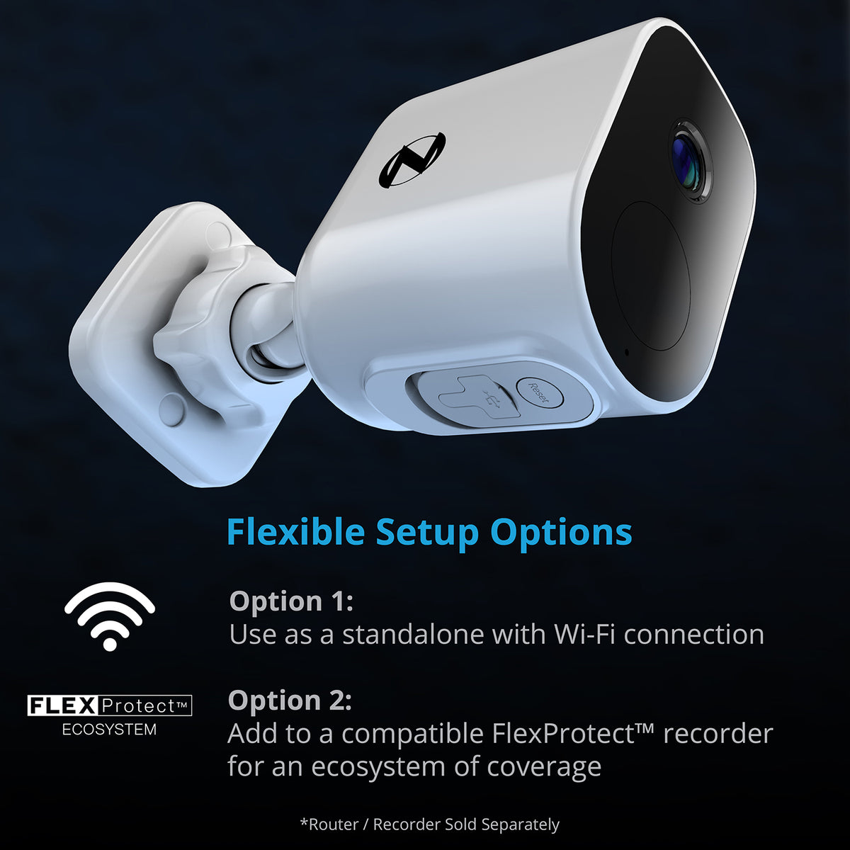 Security camera with FlexProtect branding on a dark background