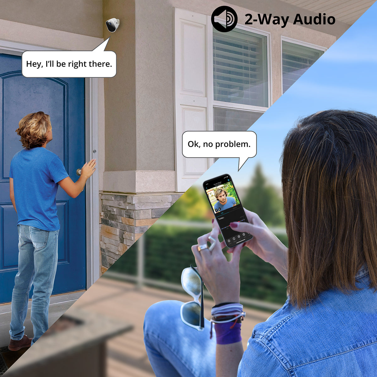Woman using a smartphone with 2-way audio feature to communicate with someone at a door.