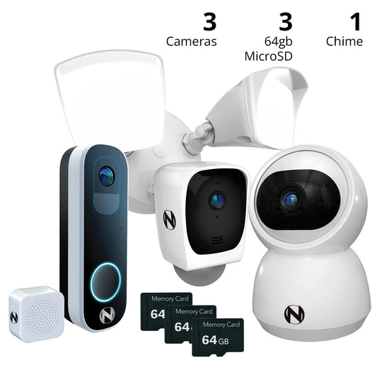 Home Video Security Starter Bundle w 2 Way Audio - Doorbell, Floodlight, and Indoor PT Cam w 64gb Memory x3