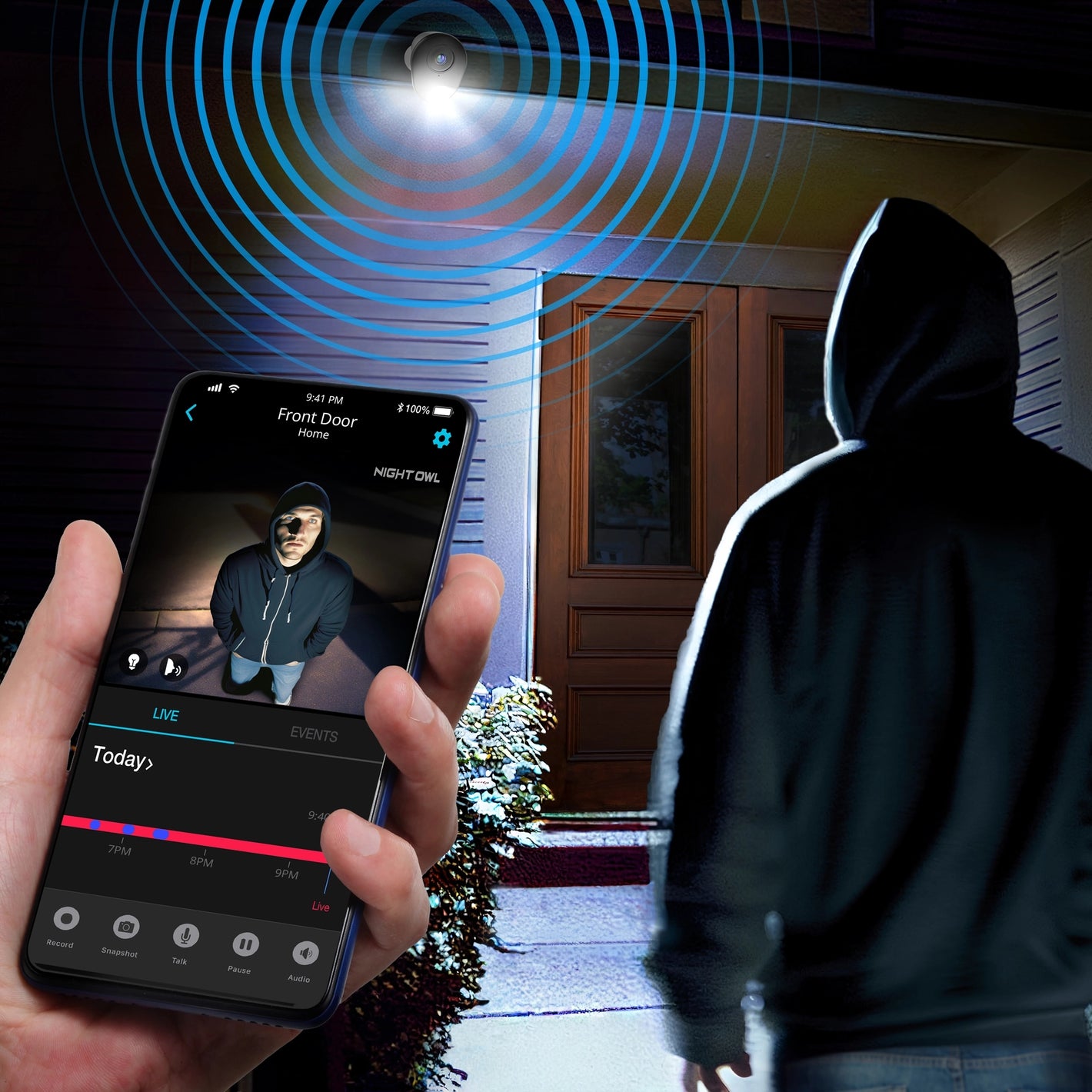 NVR app alert and outside siren deterring possible intruder