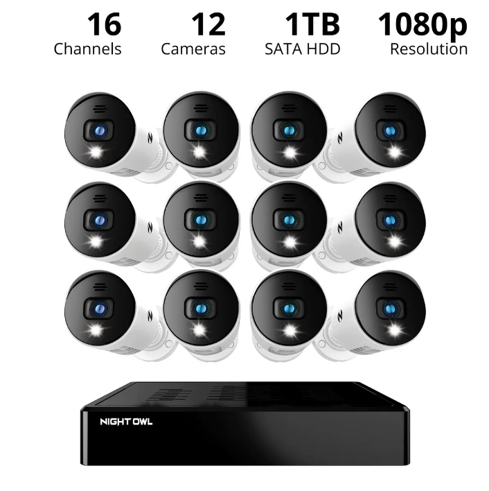 16 Channel 1080p Bluetooth DVR with 1TB Hard Drive and 12 Wired 1080p Spotlight Cameras with Audio Alerts and Sirens