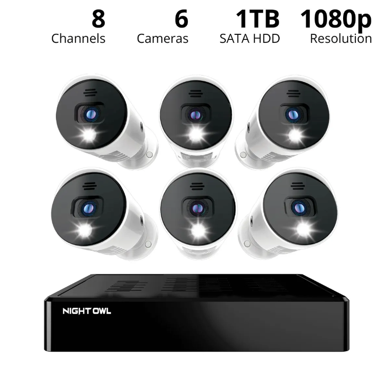 8 Channel 1080p Bluetooth DVR with 1TB Hard Drive and 6 Wired 1080p Spotlight Cameras with Audio Alerts and Sirens