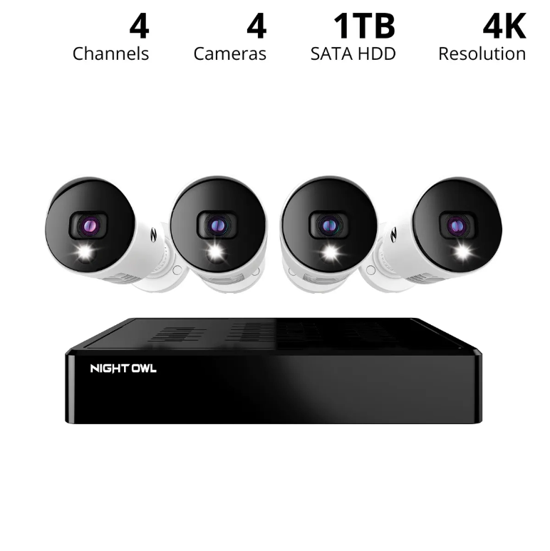 4 Channel 4K Bluetooth DVR with 1TB Hard Drive and 4 Wired 4K Spotlight Cameras