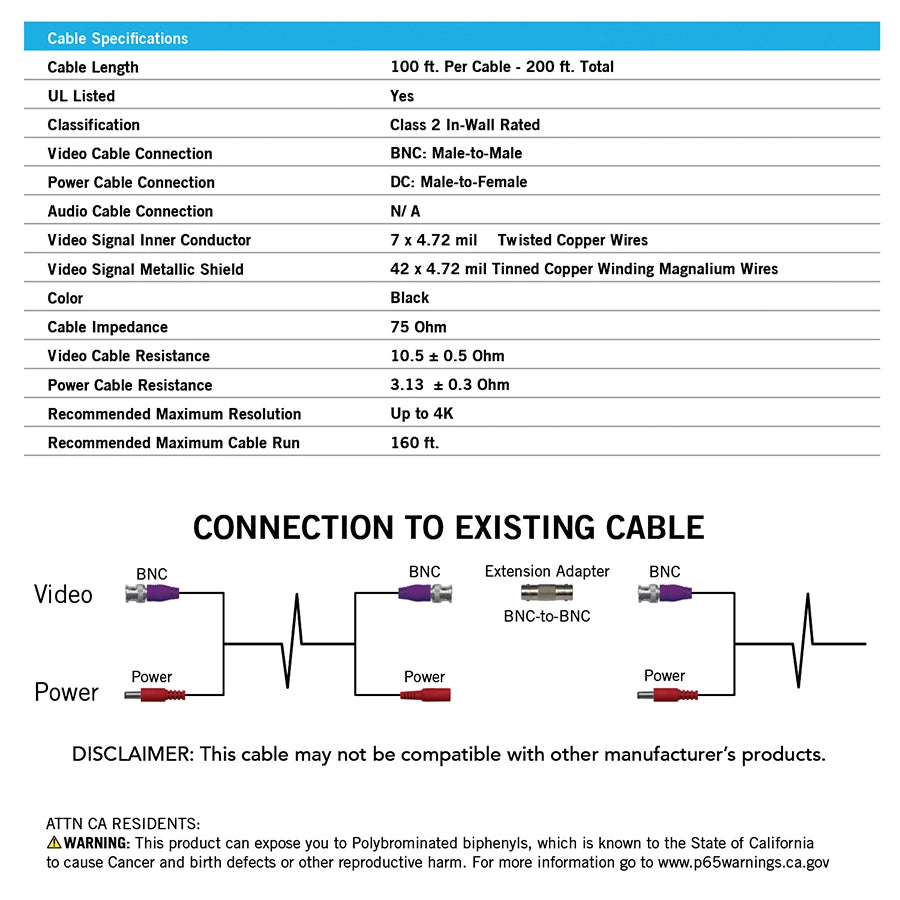 100 ft In-Wall Rated BNC Video-Power Extension Cable with Extension Adapter - 2 Pack