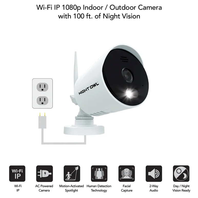 Refurbished Wi-Fi IP Plug In 1080p Spotlight Camera with 2-Way Audio and Audio Alerts and Siren - White