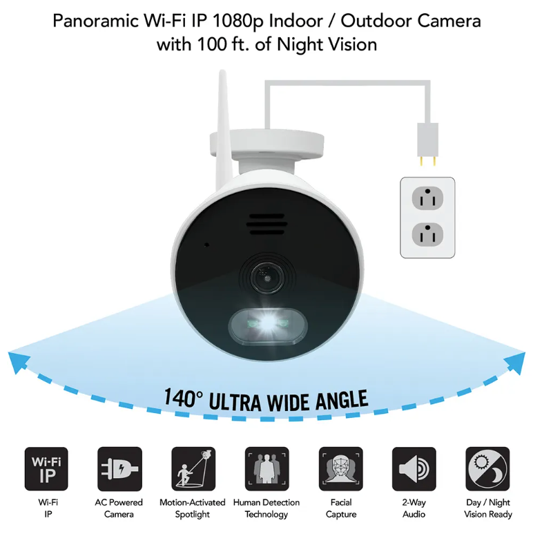 Refurbished Wide Angle Wi-Fi IP (Plug In) 1080p Spotlight Camera with 2-Way Audio