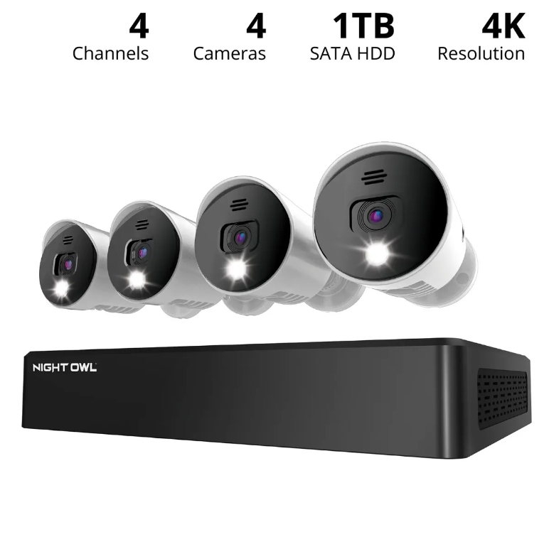 4 Channel 4K Bluetooth DVR with 1TB Hard Drive and 4 Wired 4K Spotlight Cameras with Audio Alerts and Sirens