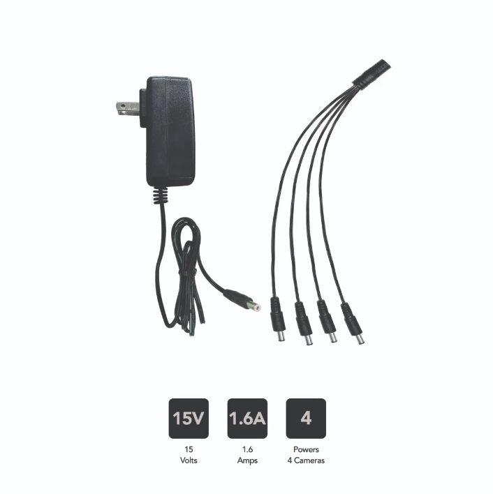 15V-1.6A Camera Power Adapter with 4-Way Power Splitter - Powers up to 4 Cameras