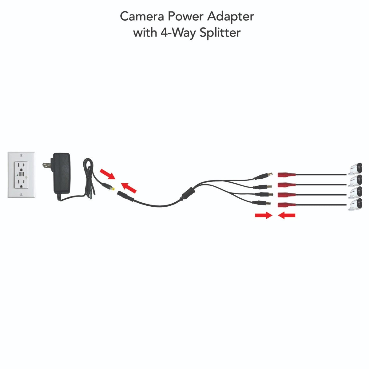 15V-1.6A Camera Power Adapter with 4-Way Power Splitter - Powers up to 4 Cameras