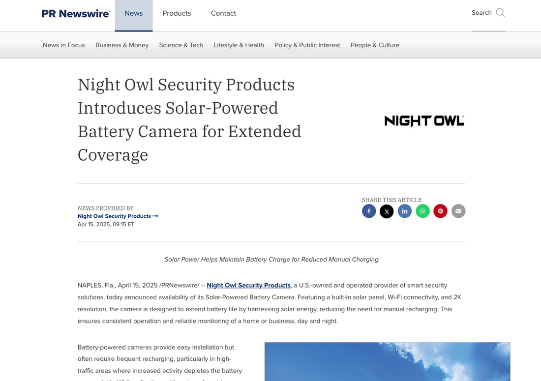 Night Owl Security Products Introduces Solar-Powered Battery Camera for Extended Coverage