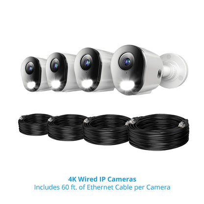 24 Channel 12MP eNVR with 2TB HDD and 4 Wired IP 4K Bullet Cameras w 2-Way Audio - 8 POE Ports
