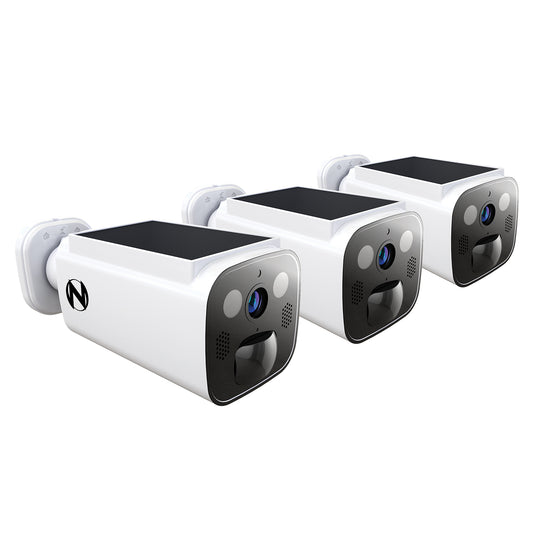Solar Powered Wire Free 2K Camera with Spotlight and 2-Way Audio - 3 Pack - White