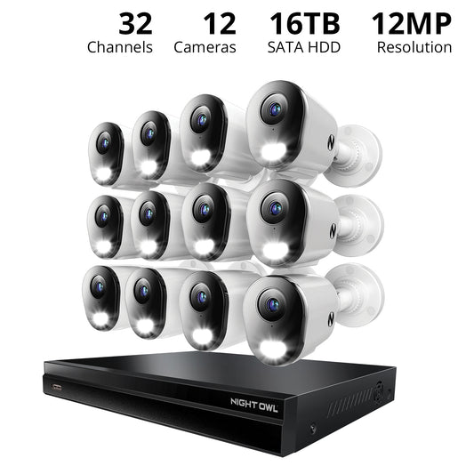 2-Way Audio 32 Channel 12MP NVR with 16TB HDD and 12 Wired IP 4K Deterrence Cameras