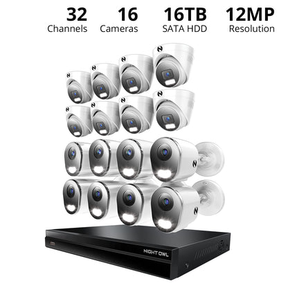 2-Way Audio 32 Channel 12MP NVR with 16TB HDD and 16 Wired IP 4K Deterrence Cameras - 8 Bullet 8 Dome