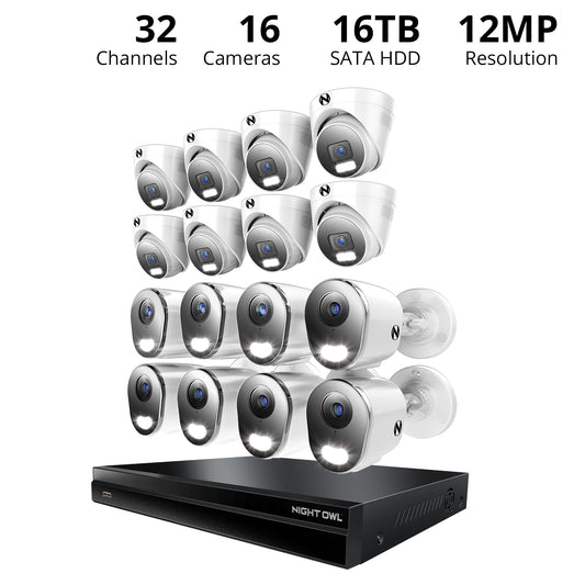 2-Way Audio 32 Channel 12MP NVR with 16TB HDD and 16 Wired IP 4K Deterrence Cameras - 8 Bullet 8 Dome