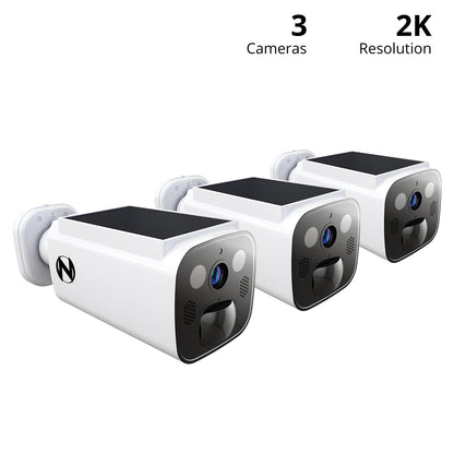 Solar Powered Wire Free 2K Camera with Spotlight and 2-Way Audio - 3 Pack - White
