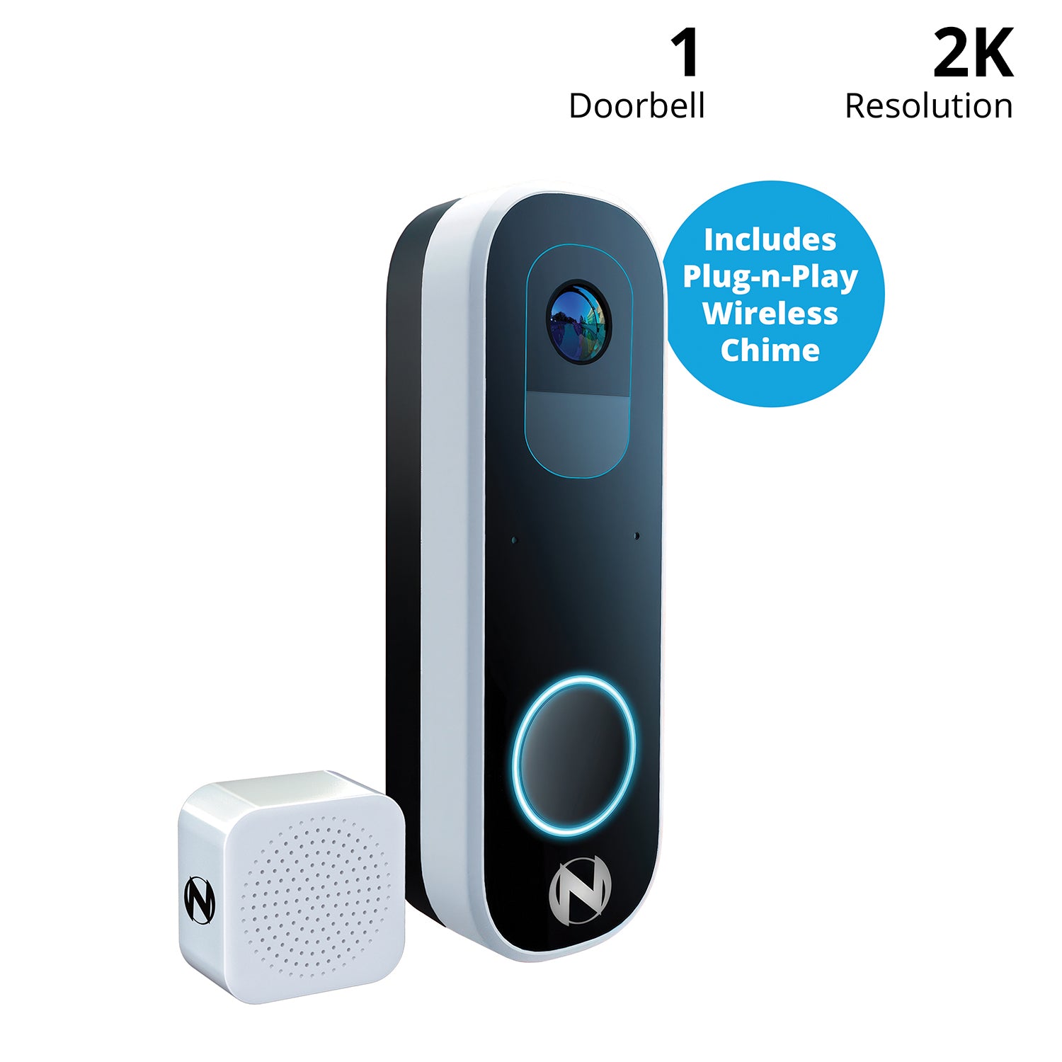 2K Wi-Fi Smart Dual-Powered Video Doorbell with Chime - Black