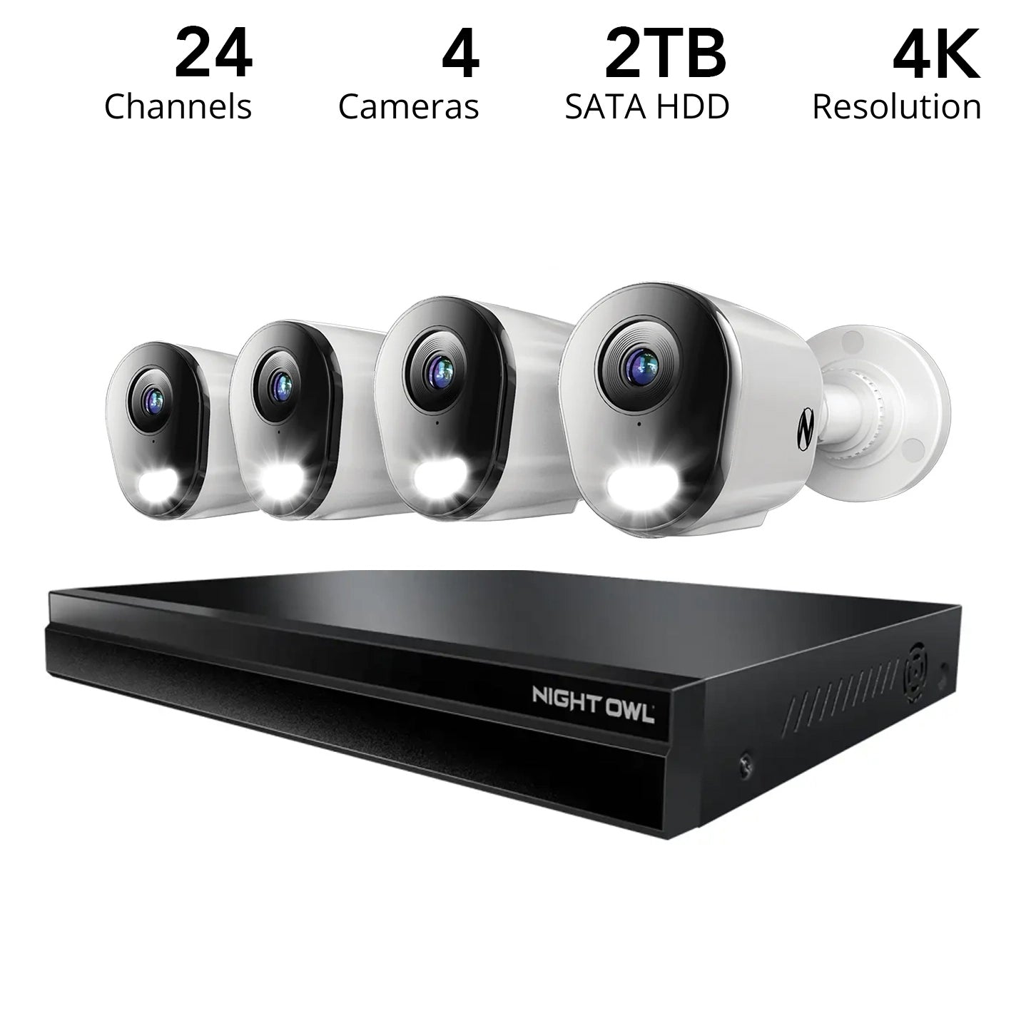 24 Channel 12MP eNVR with 2TB HDD and 4 Wired IP 4K Bullet Cameras w 2-Way Audio - 8 POE Ports