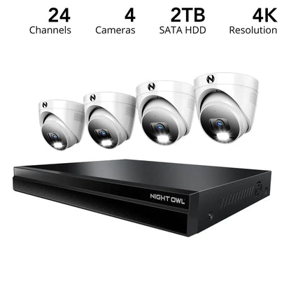24 Channel 12MP eNVR with 2TB HDD and 4 Wired IP 4K Dome Cameras w 2-Way Audio - 8 POE Ports