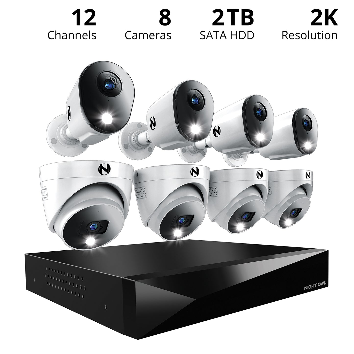 2-Way Audio 12 Channel DVR Security System with 2TB Hard Drive and 8 Wired 2K Deterrence Cameras - 4 Bullet 4 Dome