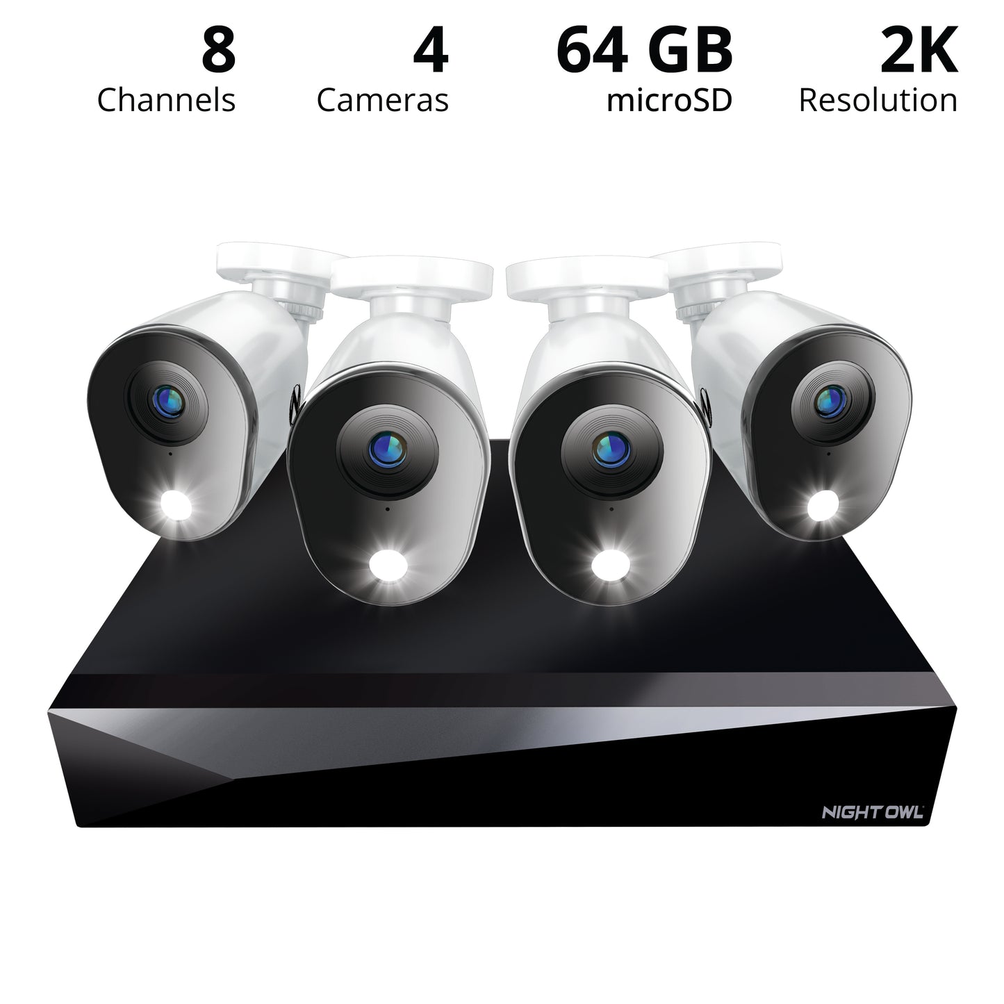 4 Channel 2K DVR with 4 Wired 2K Cameras and 64GB MicroSD Card Expandable up to 4 Additional Wi-Fi Cameras