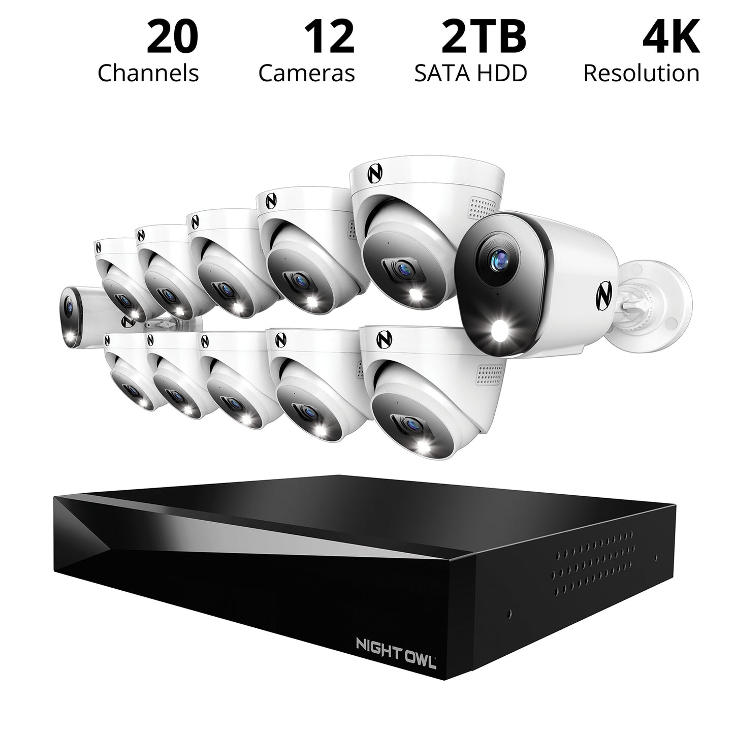 2-Way Audio 20 Channel DVR Security System with 2TB Hard Drive and 12 Wired 4K Deterrence Cameras - 2 Bullet 10 Dome