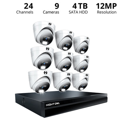 Power over Ethernet 24 Channel NVR Security System with 4TB Hard Drive and 9 Wired IP 4K+ Deterrence Dome Cameras with 2-Way Audio