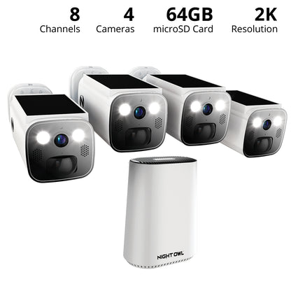Expandable Wi-Fi Security Hub with 64GB microSD Card and 4 Wire Free Solar 2K Deterrence Cameras