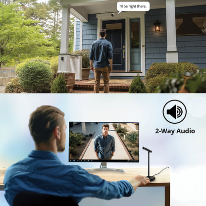 A person using microphone to talk to man outside home