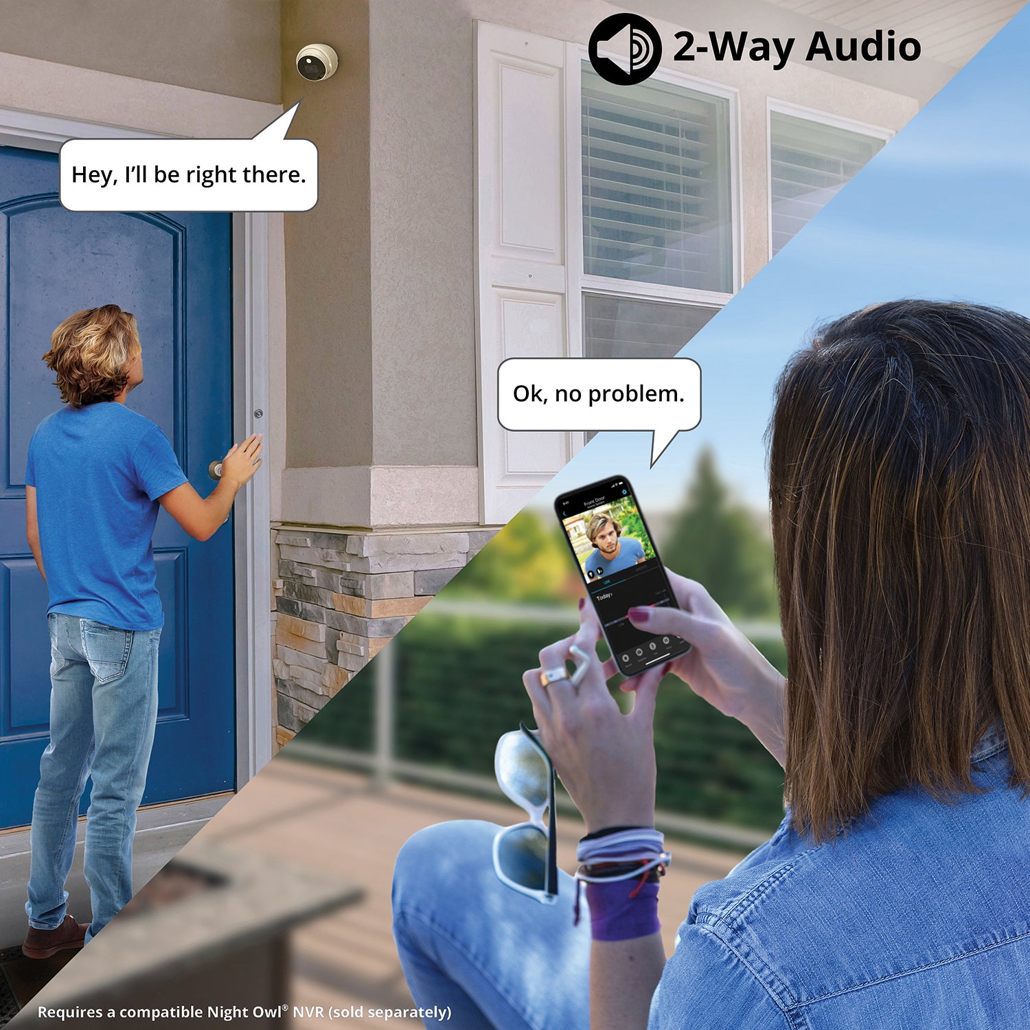 woman using 2 way audio on app to talk to man outside home