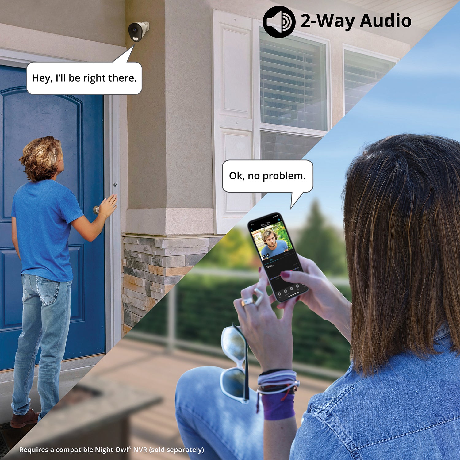woman using apps 2 way audio to talk to man outside