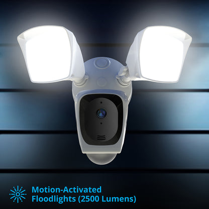 Powered Wi-Fi Floodlight Deterrence HD+ Camera with 2-Way Audio and 64GB MicroSD Card - White