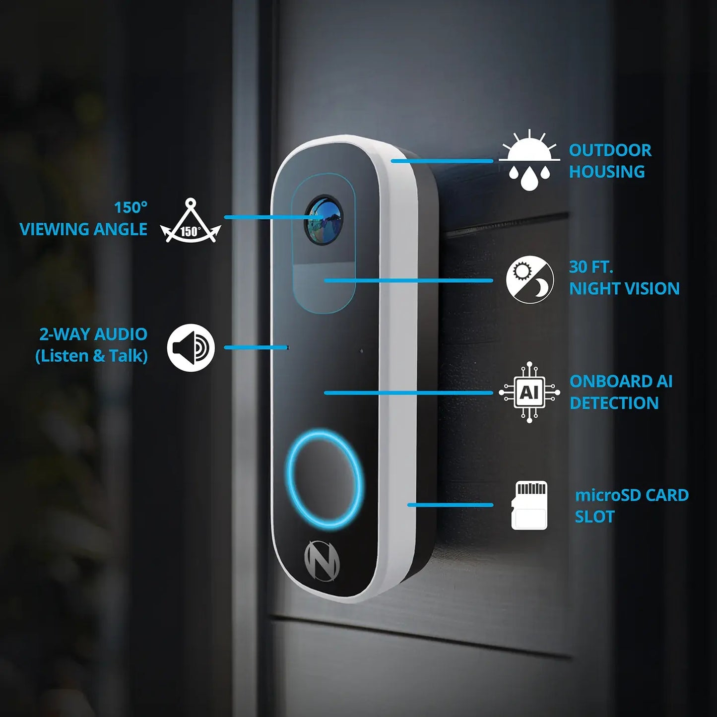 2K Battery Wi-Fi Smart Dual-Powered Video Doorbell - Black