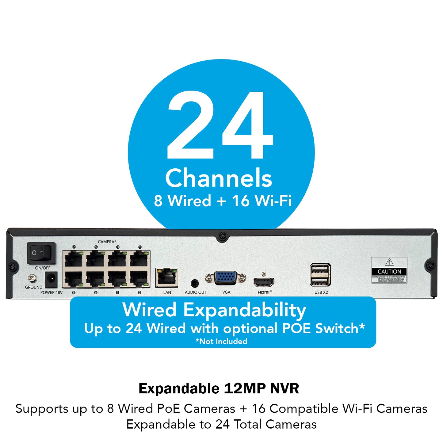 24 Channel 12MP eNVR with 2TB HDD and 4 Wired IP 4K Dome Cameras w 2-Way Audio - 8 POE Ports