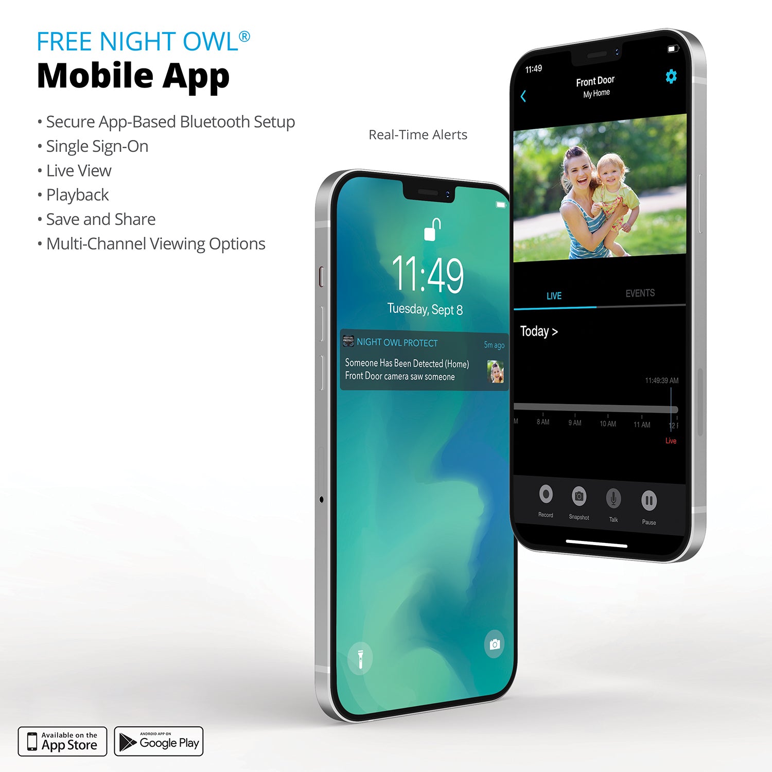 Night owl mobile app displayed on iphones